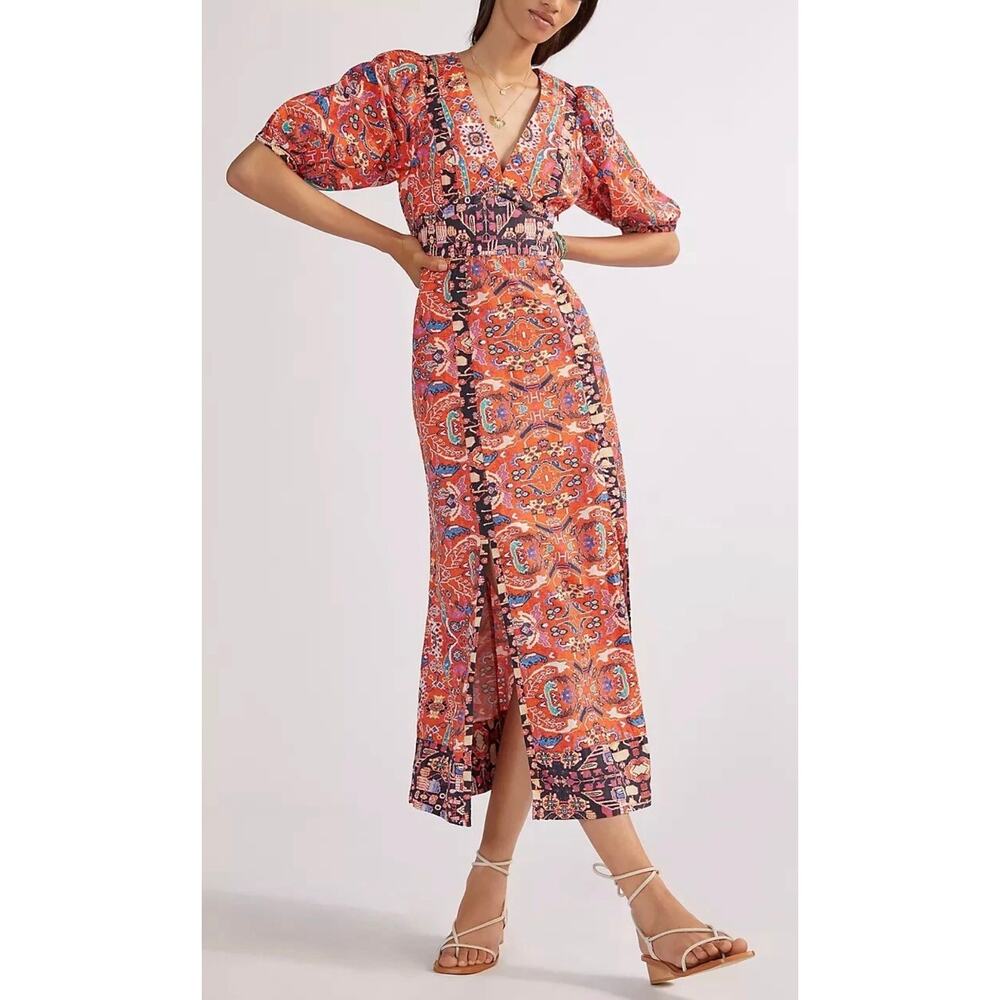 Anthropologie Coral Paisley Maxi Dress with Navy Trim